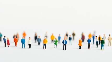 Close-up of diverse miniature figurines standing on a white backdrop, representing a community or social concept.