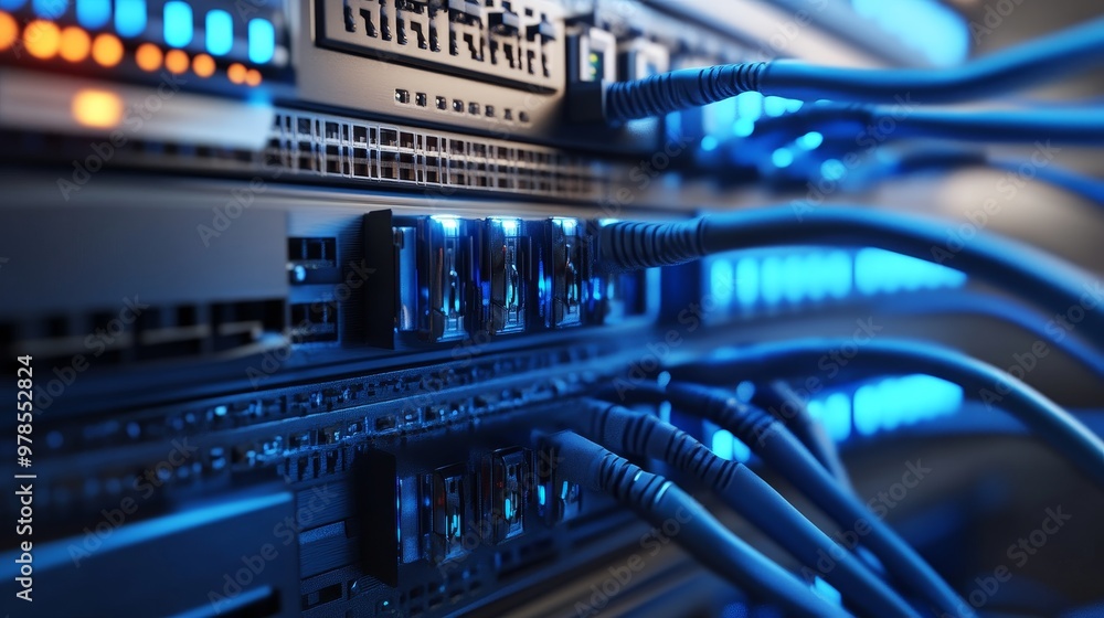 Poster close-up of a data server with blue led lights and network cables, illustrating modern technology an