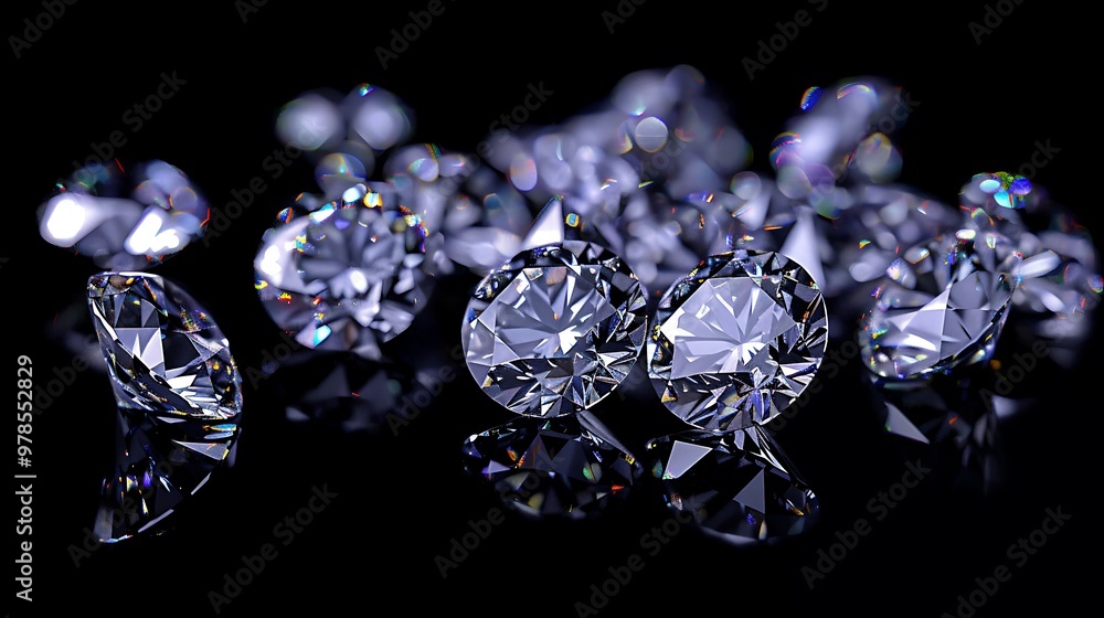 Poster close-up shot of several sparkling diamonds arranged on a black surface. the diamonds are reflecting