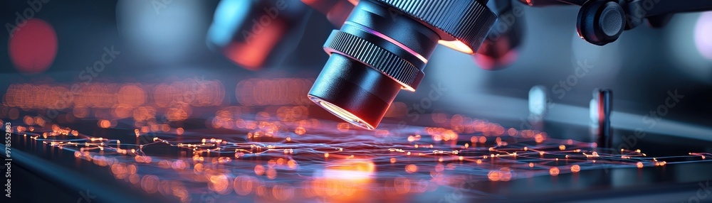 Poster close-up of a microscope focusing on intricate circuit patterns, exemplifying technology and innovat