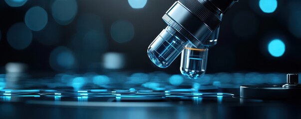 Close-up of a microscope analyzing a sample, showcasing advanced technology and innovative research in a high-tech laboratory.