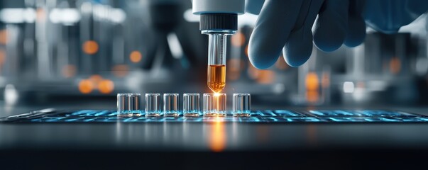 Close-up of a scientist's hand pipetting liquid into test tubes, showcasing precision in laboratory research and experimentation.