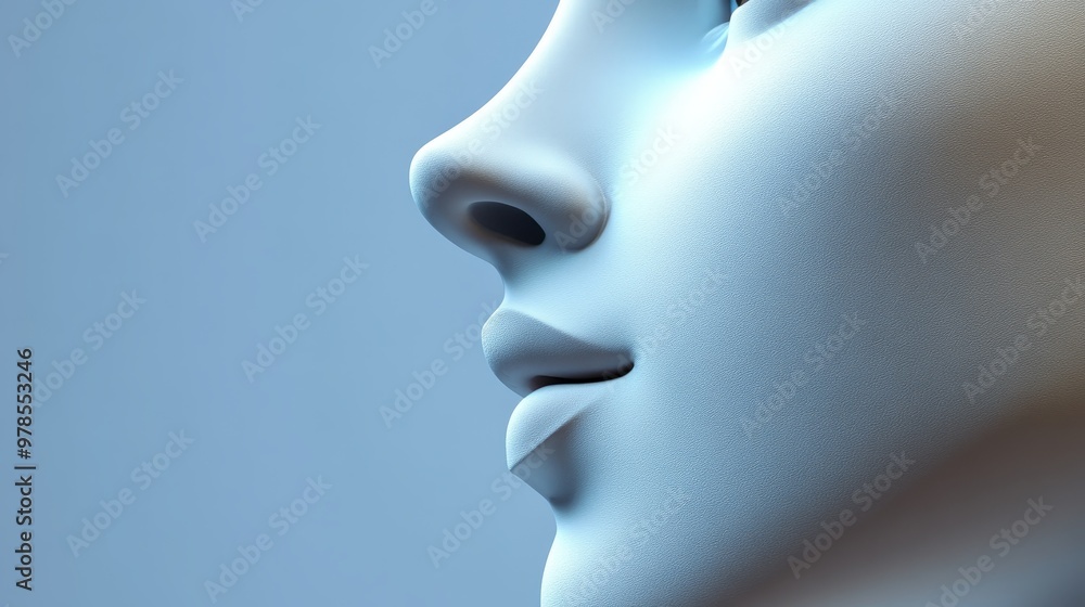 Poster close-up of a sculpted face showcasing smooth contours and serene expression, ideal for abstract and