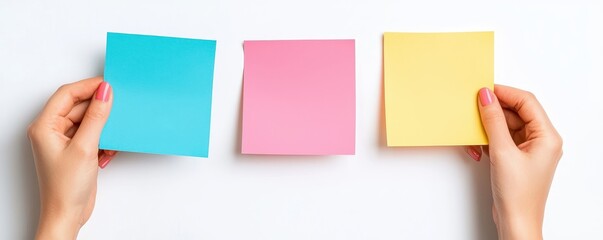 Colorful sticky notes held by hands, ideal for reminders, organization, or creative brainstorming in a bright setting.