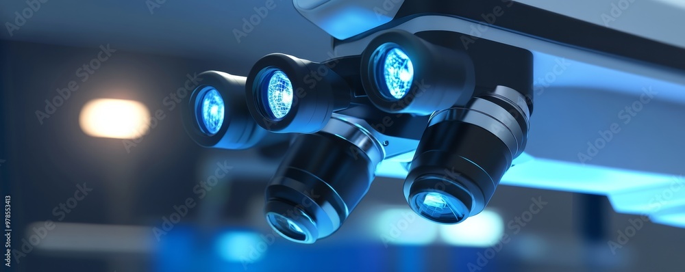 Poster close-up of advanced microscope lenses showcasing a modern scientific tool for research and analysis