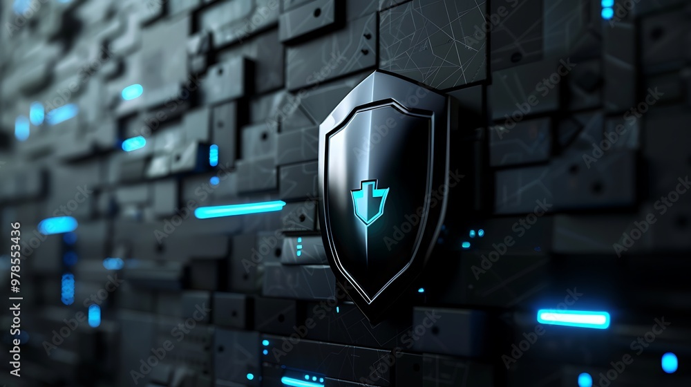 Poster 3d rendering of a shiny black shield, with a blue light reflecting on it, on a dark geometric backgr