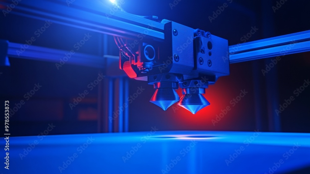 Poster close-up view of a 3d printer nozzle in blue and red lighting, showcasing advanced technology in add