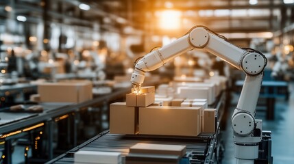 A robotic arm efficiently handles packages in a modern warehouse, showcasing automation in logistics and manufacturing processes.