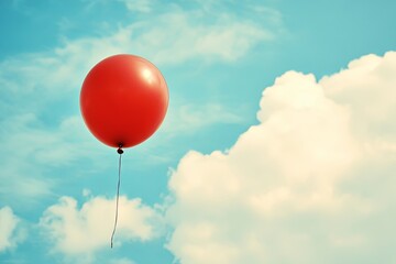 A bright red balloon floats against a clear blue sky with fluffy white clouds during a sunny afternoon in spring. Generative AI