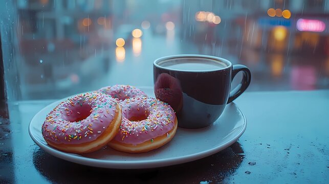 a cup of coffee with Donus's in a plate near the window