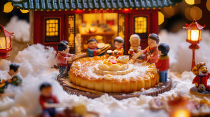 A charming miniature scene: a large glowing mooncake with a family happily dining inside, surrounded by a path of white flour, all against a clean, perfect white backdrop.