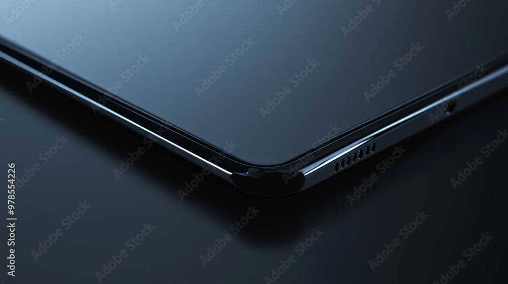 Poster close-up view of a sleek tablet edge, showcasing its modern design and glossy finish against a dark 