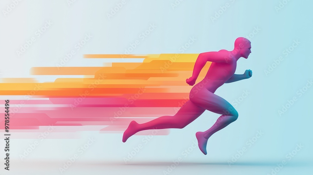Poster dynamic depiction of a runner in motion, showcasing speed and agility with vibrant colors and a mode