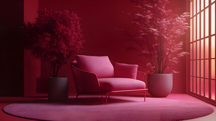 Red Room Interior Design with Chair and Plants