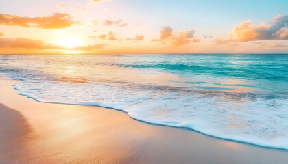 Obraz premium Crystal-clear turquoise waters with gentle waves lapping at a pristine beach under a golden sunset