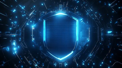 Fototapeta premium Futuristic digital shield design with glowing blue lines on a dark background, representing technology and security.