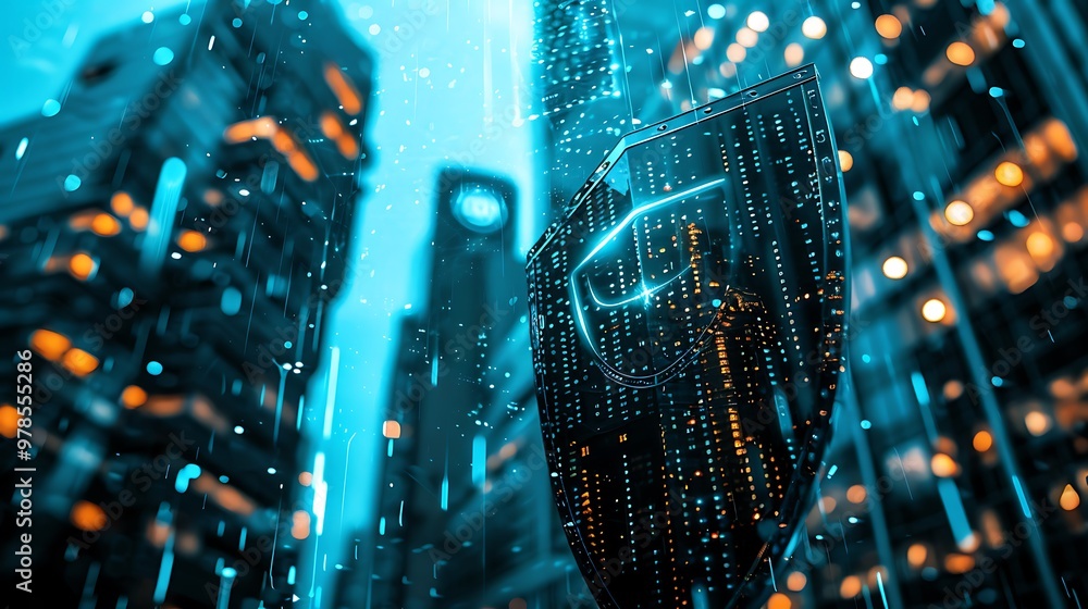 Poster digital shield representing cybersecurity protection in a futuristic cityscape. it symbolizes the im