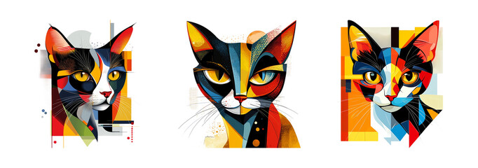 Abstract Geometric Cat Portraits in Vibrant Colors