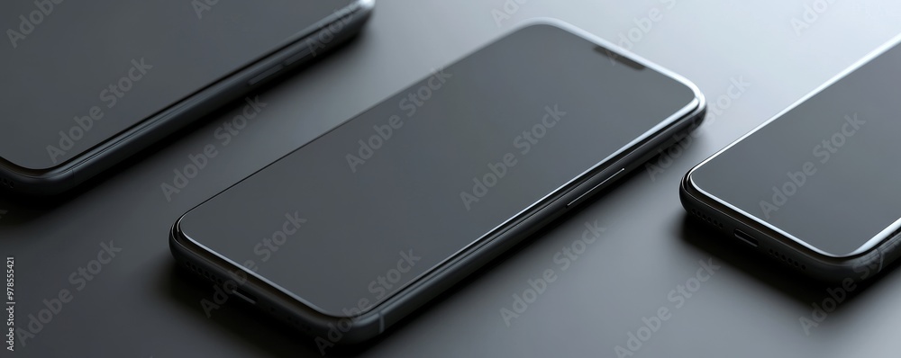 Poster minimalistic view of three sleek smartphones on a dark surface, showcasing modern design and eleganc