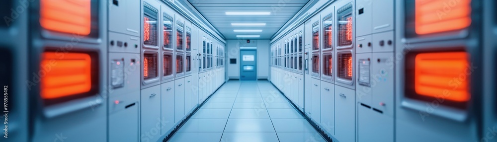 Poster futuristic hallway in a data center with illuminated panels and a sleek design, showcasing advanced 