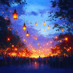 Obraz premium A vibrant evening scene filled with glowing lanterns illuminating a festive atmosphere in a picturesque landscape.