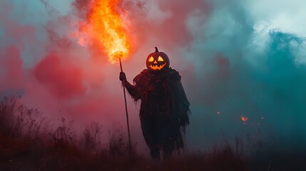 Obraz premium spooky Man wearing Halloween pumpkin mask with a flaming torch amidst thick dark smoke Seamless looping 4k time-lapse virtual video animation background
