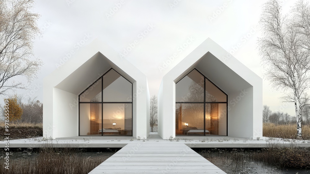 Poster modern architectural design featuring two minimalistic houses with large windows overlooking a seren
