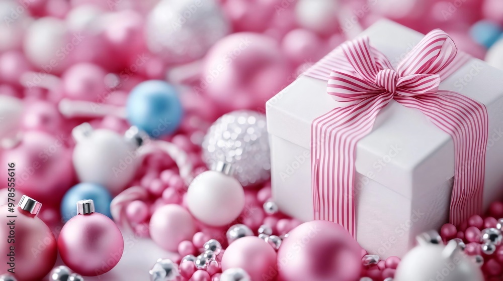 Wall mural a beautifully wrapped gift box surrounded by pink and blue decorative ornaments, creating a festive 