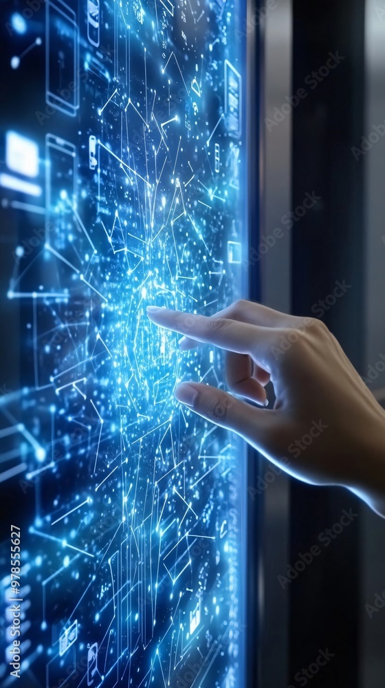 Poster a close-up of a hand interacting with a futuristic digital interface, showcasing vibrant blue data v