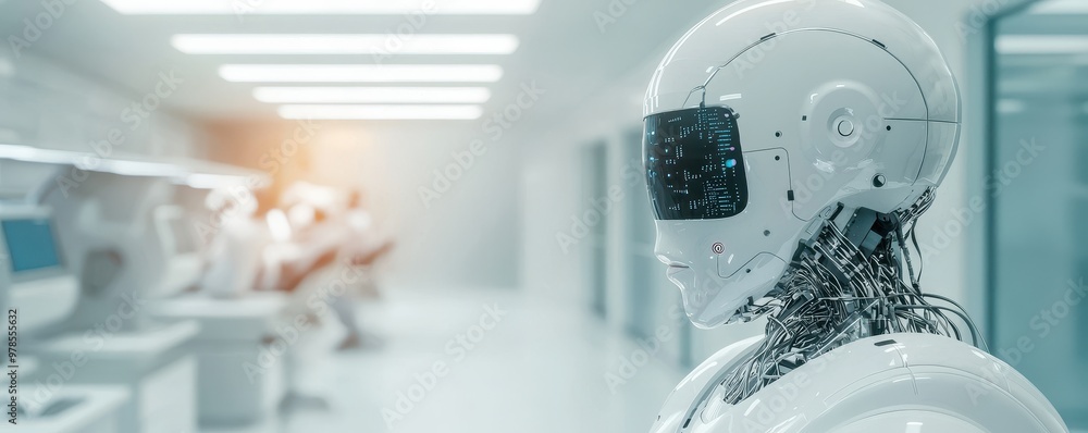 Poster futuristic robot in a high-tech environment, showcasing advanced technology and artificial intellige