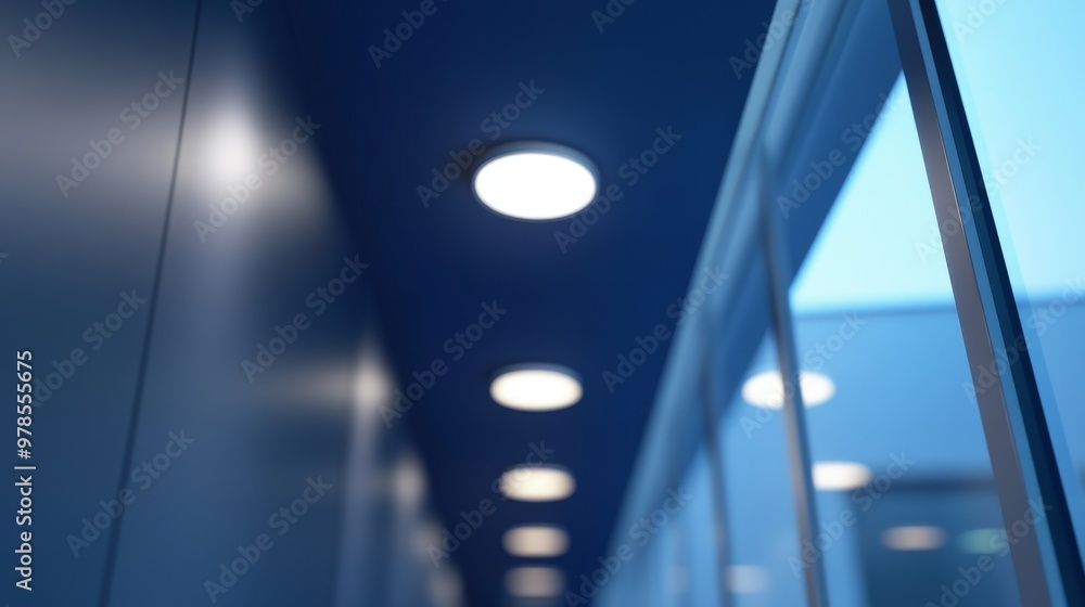 Poster modern corridor with ceiling lights and sleek wall design, creating an inviting atmosphere for conte
