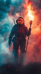 Obraz premium Man wearing Halloween pumpkin mask with a flaming torch amidst thick dark smoke Seamless looping 4k time-lapse virtual video animation background