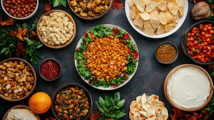 An overhead view of a festive spread featuring diverse bowls of colorful foods and ingredients on a dark background.