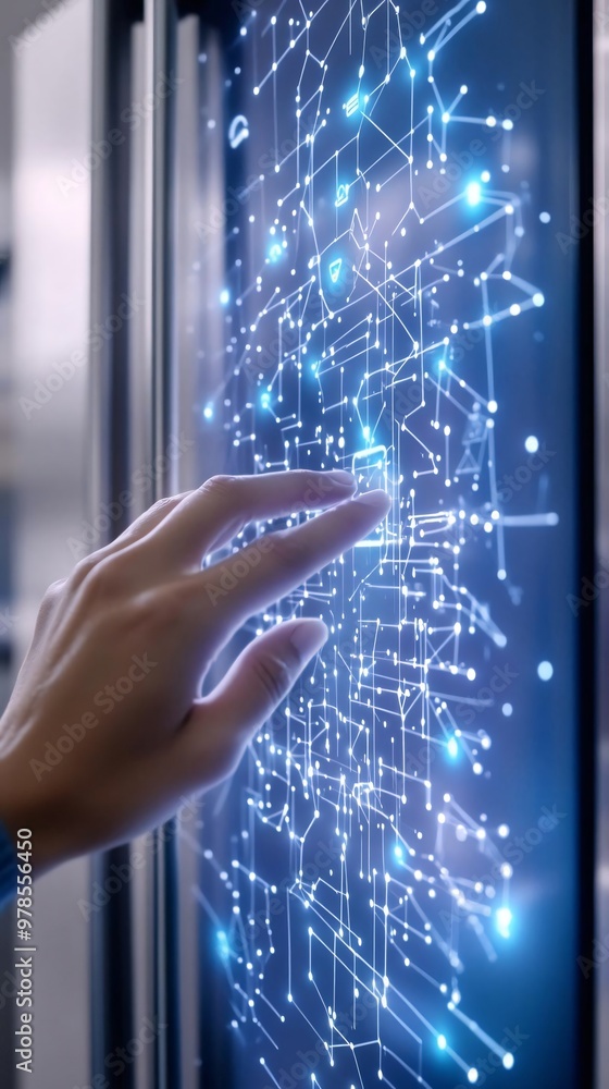 Poster a hand interacting with a digital interface showcasing glowing data connections and circuits, symbol