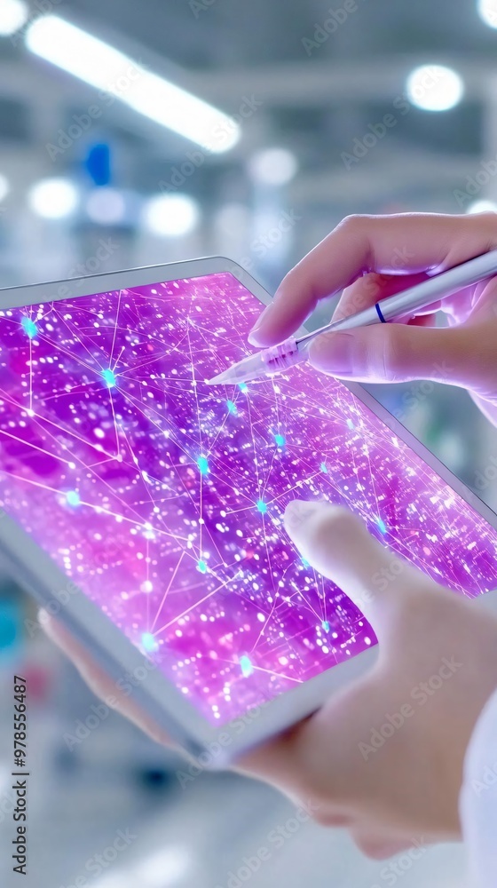Poster a hand using a stylus on a futuristic tablet displaying vibrant, glowing digital data in a modern se