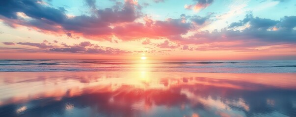 A serene beach sunset with vibrant colors reflected in calm waters, captured from a low angle