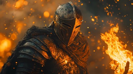 knight warrior holding fire torch surrounded by thick dark smoke