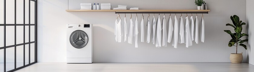 Modern laundry room with a washing machine, white clothes hanging, and a green plant for a fresh and organized home environment.
