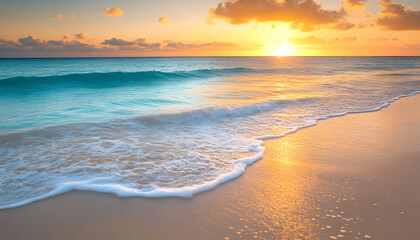 Obraz premium Crystal-clear turquoise waters with gentle waves lapping at a pristine beach under a golden sunset