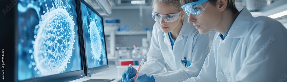 Poster scientists analyzing data on a computer monitor in a modern laboratory, showcasing research and inno