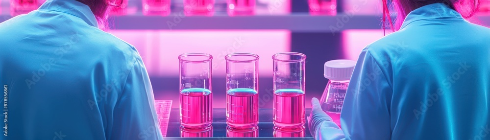 Poster scientists conducting experiments with colorful liquids in a modern laboratory environment.