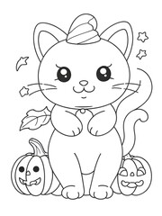 Naklejka premium halloween cartoon kitty coloring book page