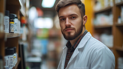 Obraz premium A young pharmacist stands in a well-organized pharmacy with shelves filled with boxes of medicines.
