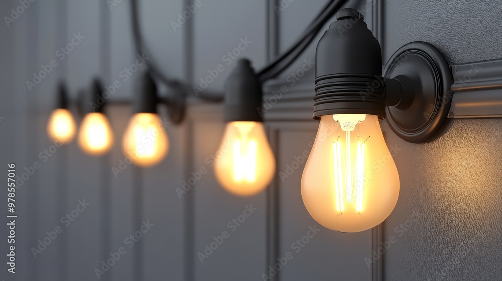 Poster stylish string lights illuminate a dark wall, creating a warm and inviting atmosphere for any space 