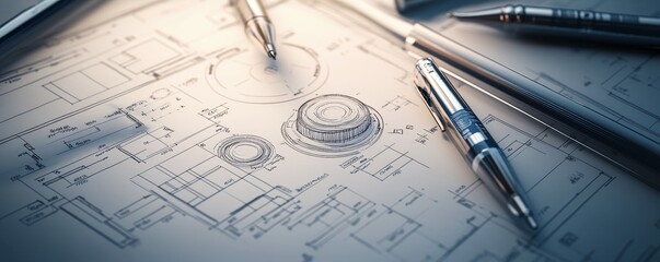 Technical drawing with precise measurements and tools, showcasing a detailed design process in a professional setting.