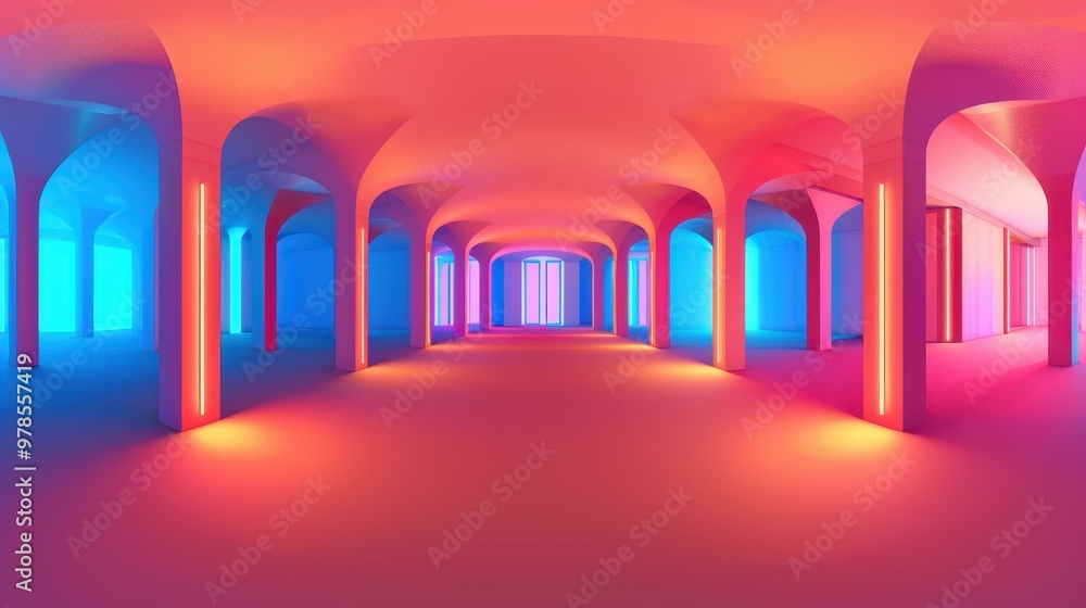 Poster a sleek dark structure shines with neon lights, featuring a stunning 3degree panoramic view in a 3d 