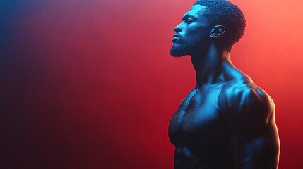 Muscular bodybuilder athlete man with perfect body and naked torso, bodybuilding athlete african american black man studio shooting
