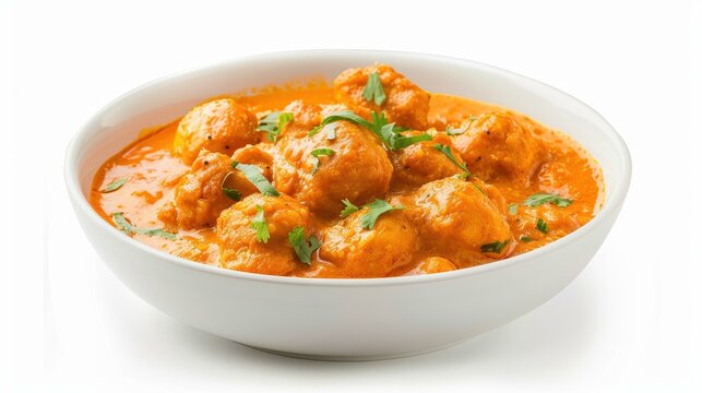 A mouthwatering bowl of creamy Indian chicken korma curry, with spices and herbs, perfect for a hearty meal.