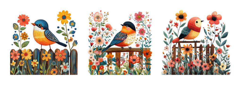 Colorful Bird Illustrations in Flower Gardens With Fence Background