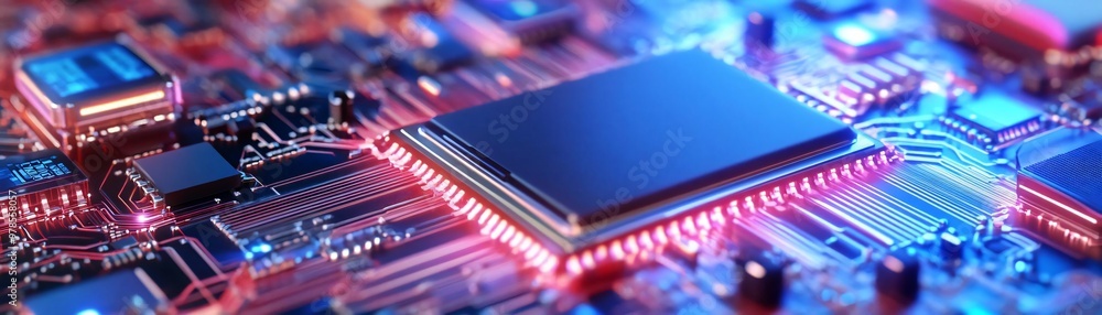 Poster close-up of a circuit board featuring a microchip with vibrant led lights, showcasing advanced techn